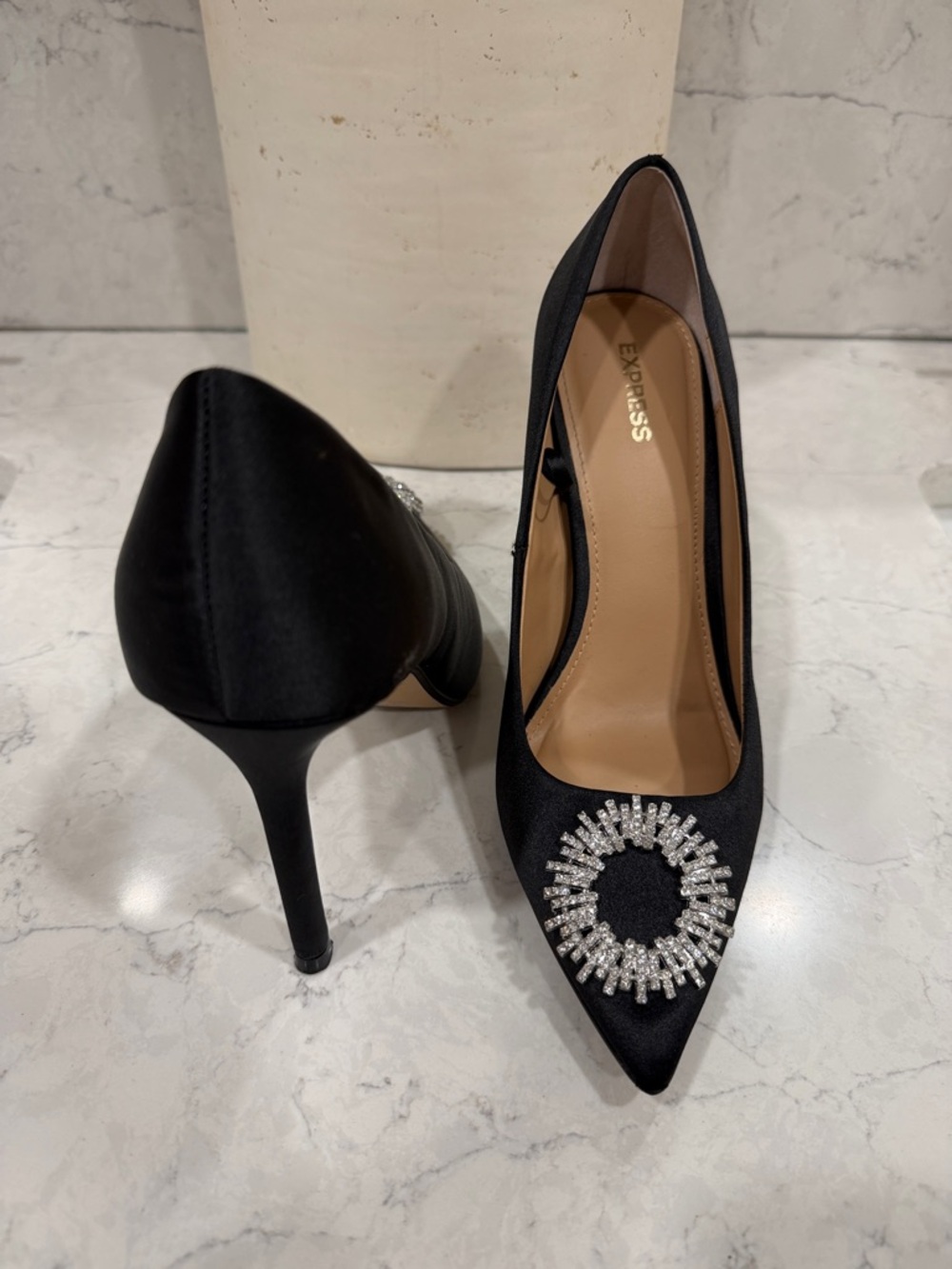 Express Black Satin Pointed Toe Pumps with Crystal rhinestone size 9